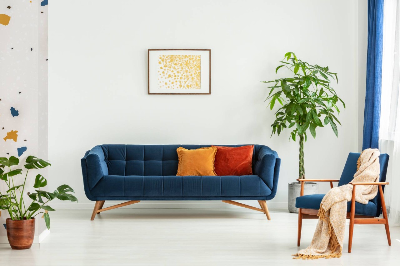 Mid-century modern living room with colorful furniture at Bell's Ethan Allen Design Center near Newburgh, New York (NY)