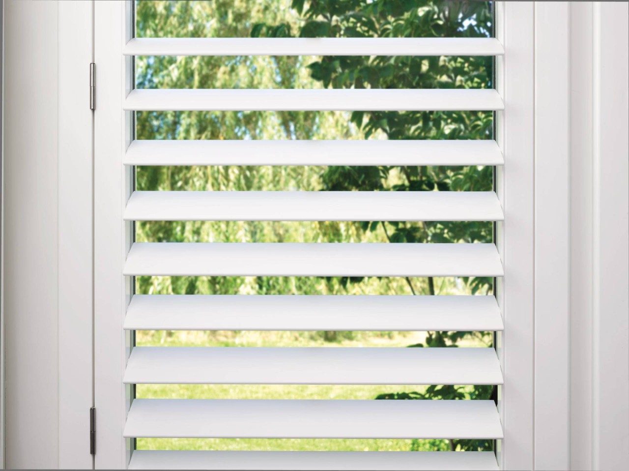 Hunter Douglas Palm Beach™ Polysatin™ Vinyl Shutters on French door near Newburgh, New York (NY)