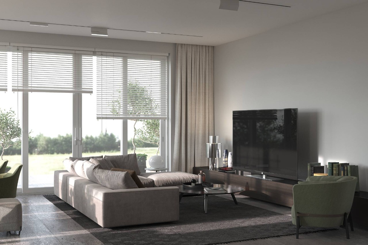 A living room with neutral colors and a large window with blinds on it near Newburgh, New York