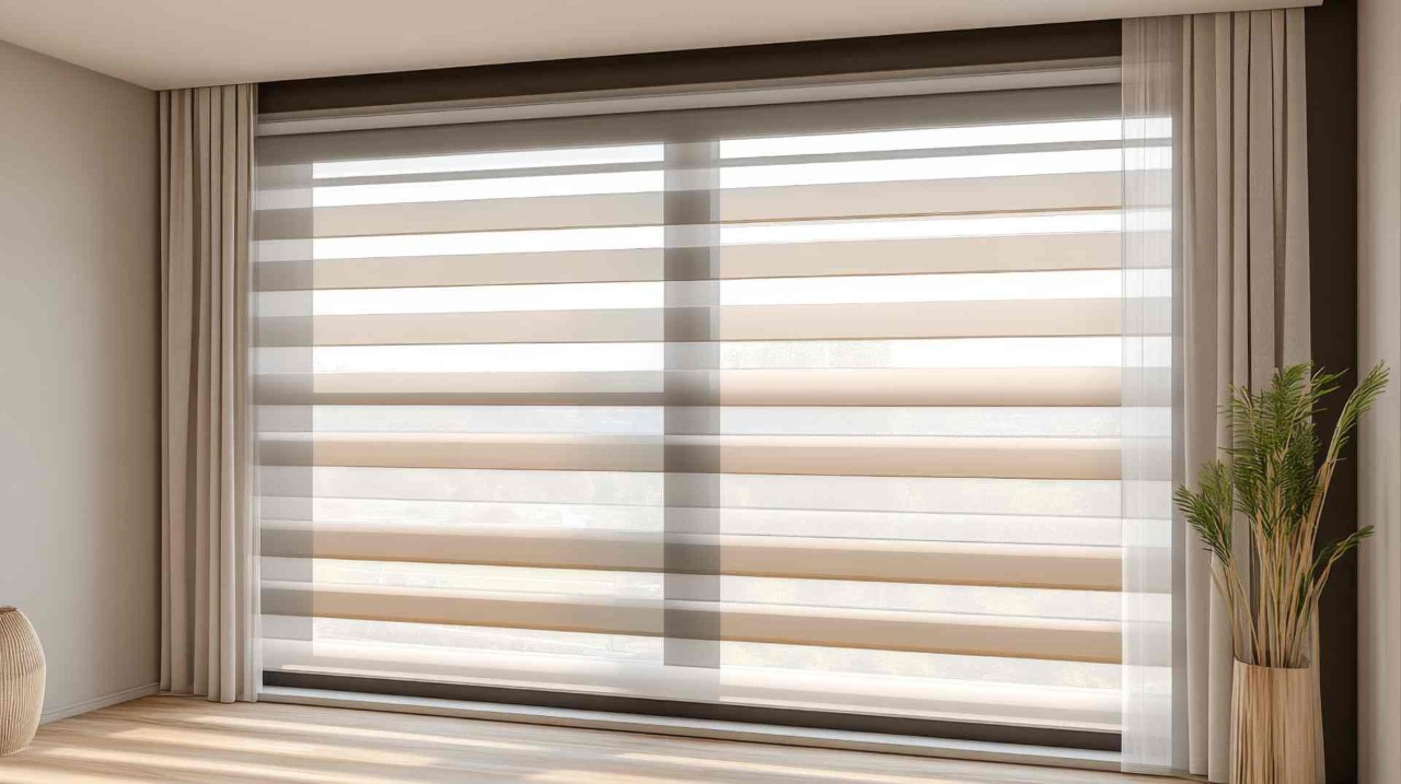 A set of neutral-colored banded window shades for privacy and light control near Newburgh, NY