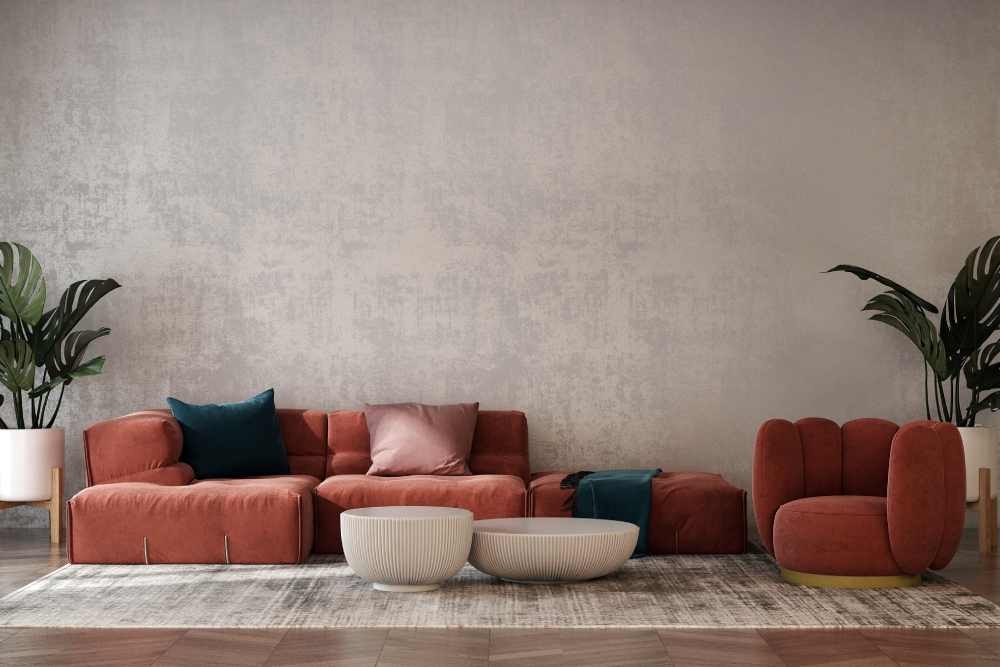 Red couch on large area rug near Newburgh, NY